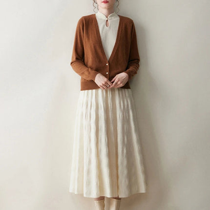 Women Cashmere Skirt A-Line Jacquard Elastic Waist Flared Skirt Autumn Winter 100% Cashmere Knitted Office Lady Curled Hem Dress PlatiNum