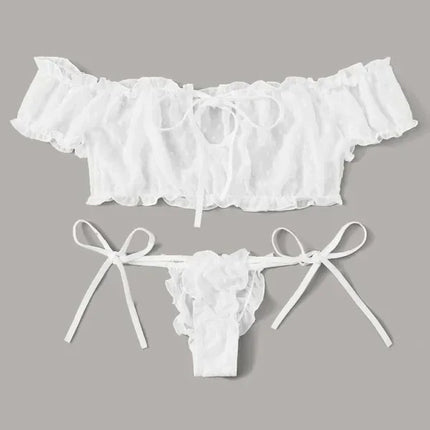 Mesh Dot Printed Off Shoulder Transparent Ruffle Bralette Bra and Panty Thong Underwear Sets Women's Sexy Lingerie Intimates