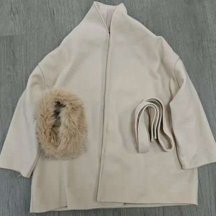 Korean Fashion Women Spring Thin Faux Fur Loose Coat Belt Vintage Jackets Clothes Casual Streetwear Korean Fashion Overcoats
