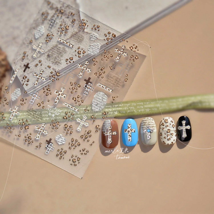 Gold Silver Metal Nail Stickers Dark Retro High-end Cross Nail Art Accessories Sticker Back Blue Nails 3D Decorations Decals DIY