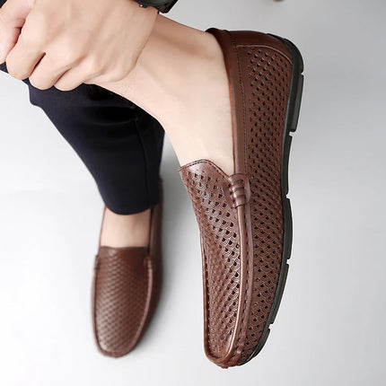 Mocassini da uomo in vera pelle traspirante con suola in gomma, scarpe casual slip-on, mocassini da uomo traforati