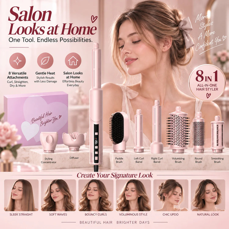 Ukliss Pink 1400W Multi-Styling Negative Ion Hairdryer Comb 8-in-1 Curling Brush Heat Wind Comb Hairdressing Tool