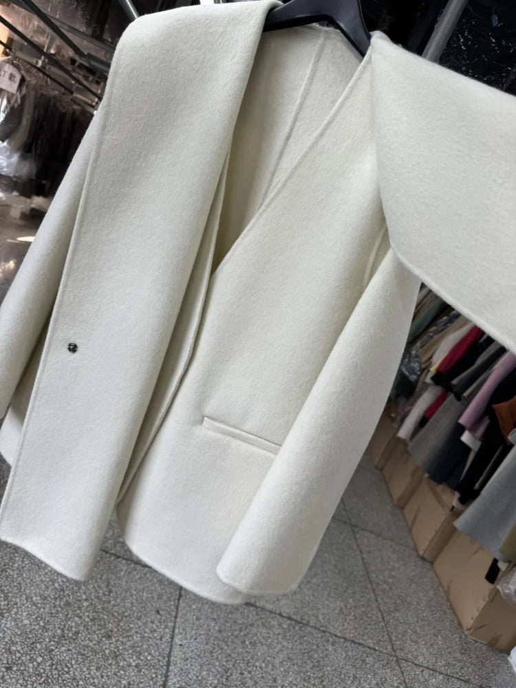 Scarf Collar 100%Wool Coat Women, Korean Fashion Elegant Outerwear, Loose Autumn Winter Jacket