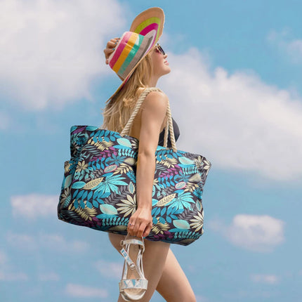 Striped zip-up outdoor travel and vacation bag, waterproof and sand-resistant canvas, convenient foldable beach bag-zmt