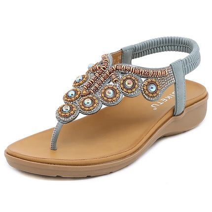 New 2026 Women's Summer Bohemian Style Sandals, Flip-Flop Design with Beaded and Rhinestone Buckle, Elastic Heel Strap, Comfortable Everyday Shoes