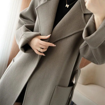 100% Wool Coat Women's Wear 2026 Autumn/Winter Fashion Temperament Double sided Cashmere Coats with Belt Elegant Long Overcoat