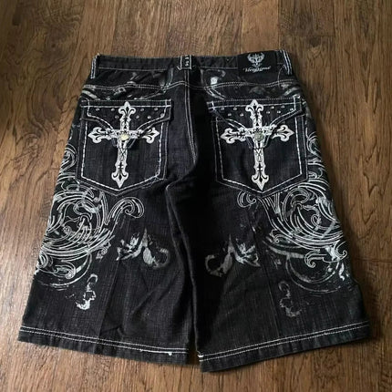 American Vintage Popular New Pattern Embroidery Baggy Denim Shorts Men Street Fashion Gothic Casual Joker Shorts Women Clothing PlatiNum