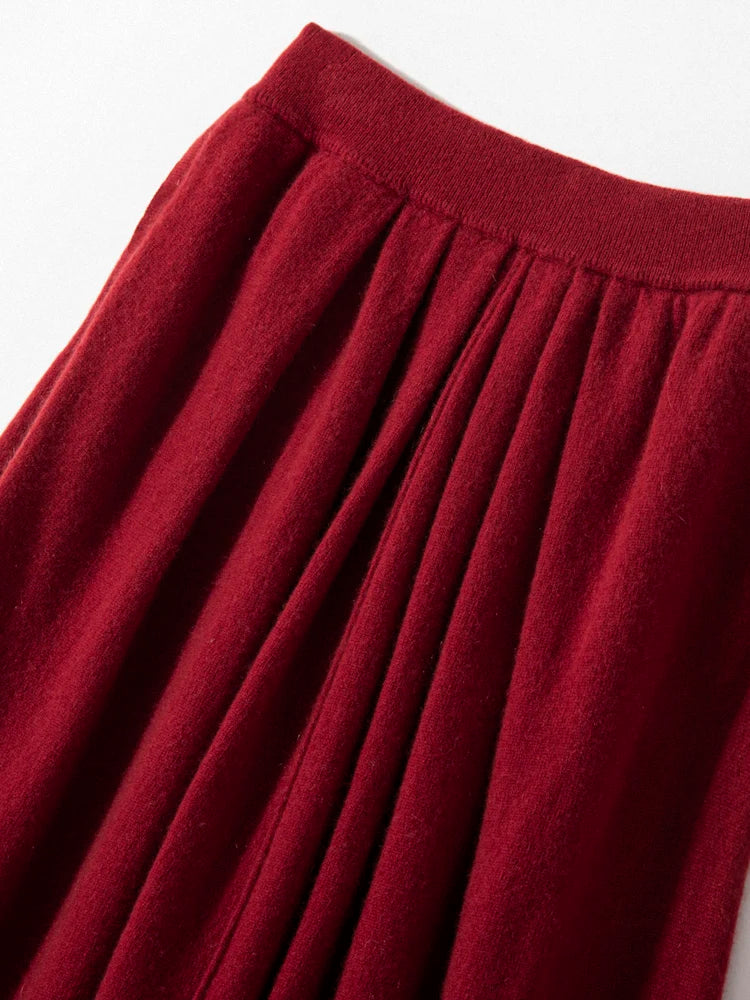 Women's Cashmere Umbrella Skirts Autumn Winter Basic Office Lady Classics 100% Cashmere Knitted A-Line High Waist Pockets Dress PlatiNum