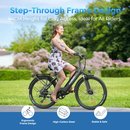 HillMiles MileCity 1 Bicicletta Elettrica Step-Through da 26 Pollici, E-Bike con Autonomia di 120 km, Motore da 250W, Batteria 36V 13Ah, 25 km/h, Cambio a 7 Velocità, Freni a Disco, Bici Elettrica per Pendolarismo Urbano, Sp