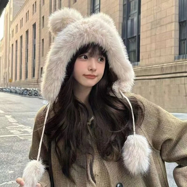 Winter  New Women's Plush Cute Bear Ear Hat ,Thicken and Warm Ear Protection Wind and Snow Hat  Plush Little Bear Lei Feng Hat