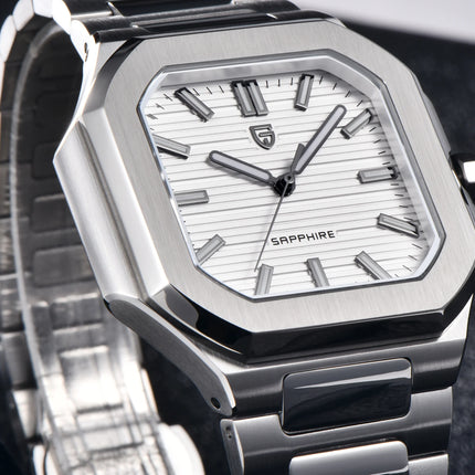 PAGANI DESIGN 37MM Orologio al Quarzo di Alta Gamma, Quadrato, Semplice ed Elegante, con Cristallo Zaffiro, Cassa in Acciaio Inossidabile, Regalo per Uomo