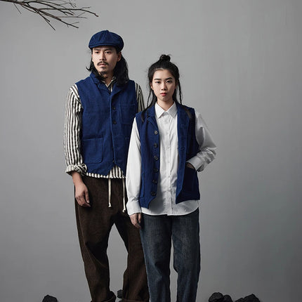 Vintage Lapel Waistcoat Men Autumn Winter New Kendo Fabric Multi-pocket Indigo Jacket Suit Vest Handmade Blue Dyed Cardigan Coat