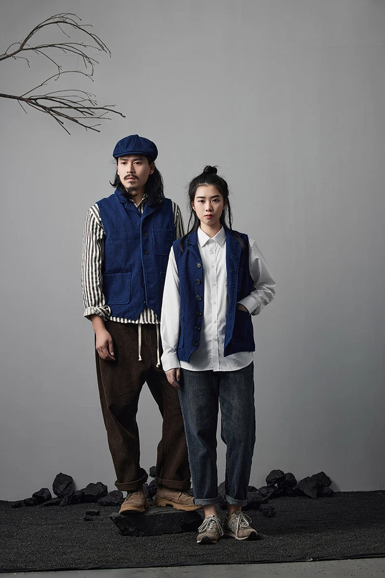 Vintage Lapel Waistcoat Men Autumn Winter New Kendo Fabric Multi-pocket Indigo Jacket Suit Vest Handmade Blue Dyed Cardigan Coat