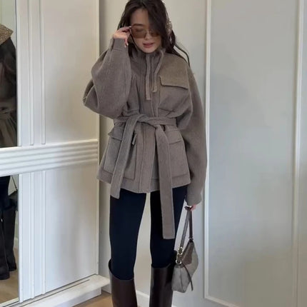 Casual Solid Woolen Loose Coats Women Belt Stand Collar Full Sleeve Zippers Lace Up Coat Female 2026 Autumn Lady Outwears