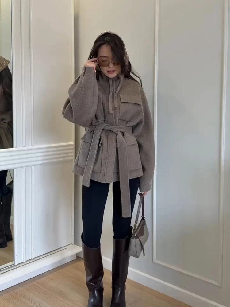 Casual Solid Woolen Loose Coats Women Belt Stand Collar Full Sleeve Zippers Lace Up Coat Female 2026 Autumn Lady Outwears