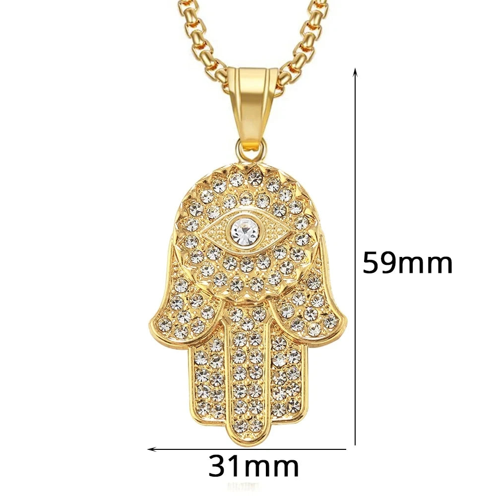 Collana con ciondolo mano di Fatima turca malocchio Hamsa Catene ghiacciate in acciaio inossidabile color oro per gioielli Hip Hop da donna