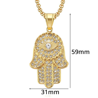 Collana con ciondolo mano di Fatima turca malocchio Hamsa Catene ghiacciate in acciaio inossidabile color oro per gioielli Hip Hop da donna