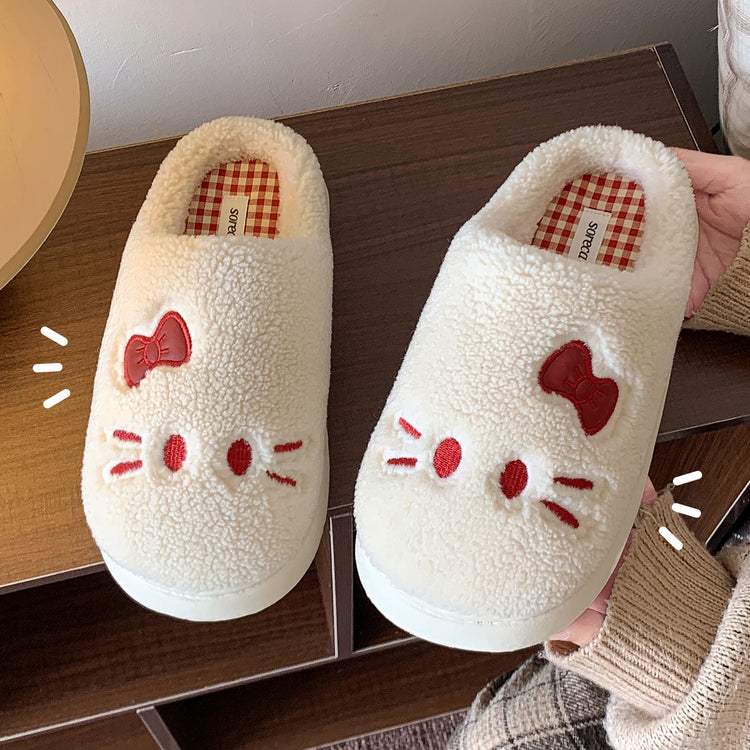 Cute Cat Winter Warm Slippers Women Men Fluffy Plush Home Shoes Red Bowknot Plaid Lining Indoor Bedroom Cotton Slides Mules New