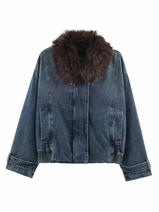 HH Woman Winter Fashion Loose Denim Fabric Faux Fur Collar Long Sleeves Zipper Bomber Jacket Female Casual Warm Short Jacket
