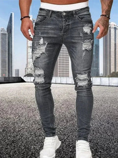 2024 New Retro Ripped Pencil Small Foot Skinny Jeans for Men Motorcycle Streetwear Stretch Straight