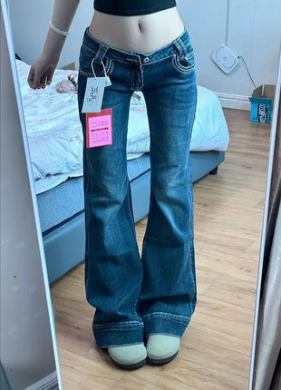 2025 Vintage High Street Jeans a vita bassa Donna Estate All-Match Gamba larga Y2K Pantaloni in deni