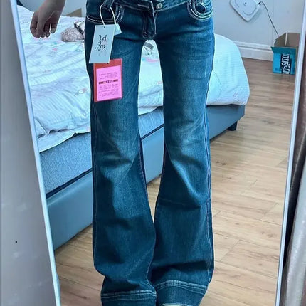 2025 Vintage High Street Jeans a vita bassa Donna Estate All-Match Gamba larga Y2K Pantaloni in denim Pantaloni svasati slim fit sexy femminili