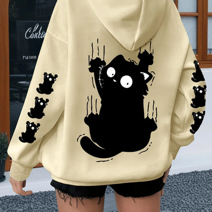 Women Oversized Hoodie Cute Scratch Black Cat Dual Sleeve Print Pullover Sweatshirt Autumn Winter Harajuku Casual Street Tops