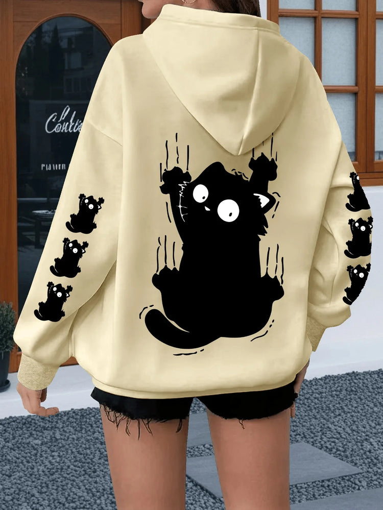 Women Oversized Hoodie Cute Scratch Black Cat Dual Sleeve Print Pullover Sweatshirt Autumn Winter Harajuku Casual Street Tops
