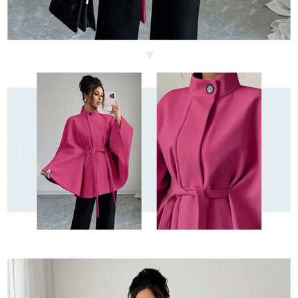 Wool Coat Women Autumn Winter Woolen Jacket Batwing Sleeve Button Lace Up Blends Turtleneck Overcoat Office Lady Outerwear