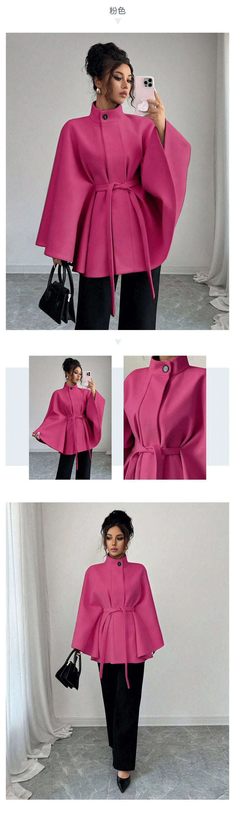 Wool Coat Women Autumn Winter Woolen Jacket Batwing Sleeve Button Lace Up Blends Turtleneck Overcoat Office Lady Outerwear