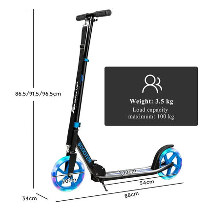 Monopattino pieghevole e regolabile con 2 grandi ruote e luci a LED - Blu