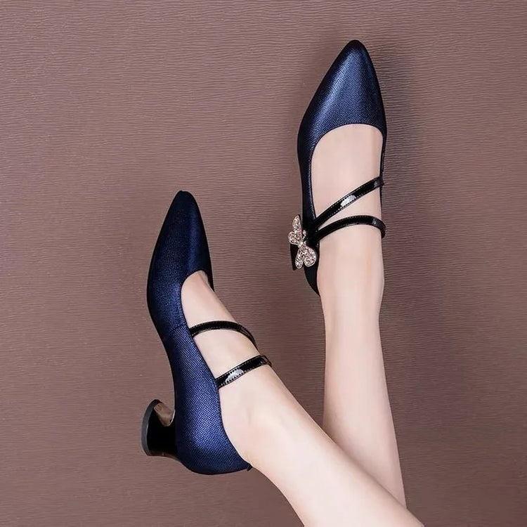 FHC Tacchi medi in pelle poco profonde, Scarpe da lavoro da donna da ufficio, Décolleté da donna, Papillon con strass, Punta a punta Vogue, Blu, Nero, Dropship