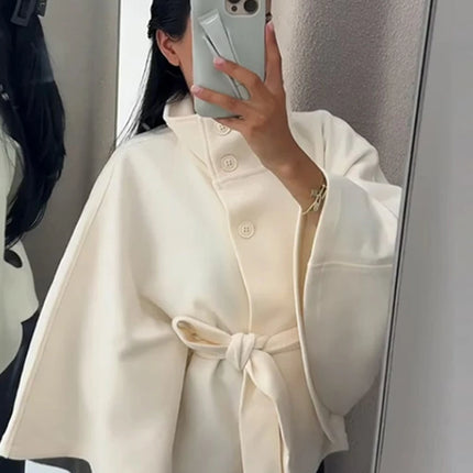 Elegant Wool Blend Cropped Coat With Belt For Women Chic Stand Collar Button Three Quarter Sleeve Jacket 2025 Autumn Outerwear
