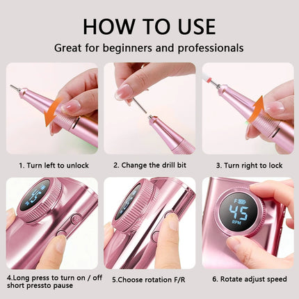 Cordless Professional Nail Drill Kit, 45000RPM Electric Nail Efile with LCD Display, Built-in 45 Ideal Holiday Gift