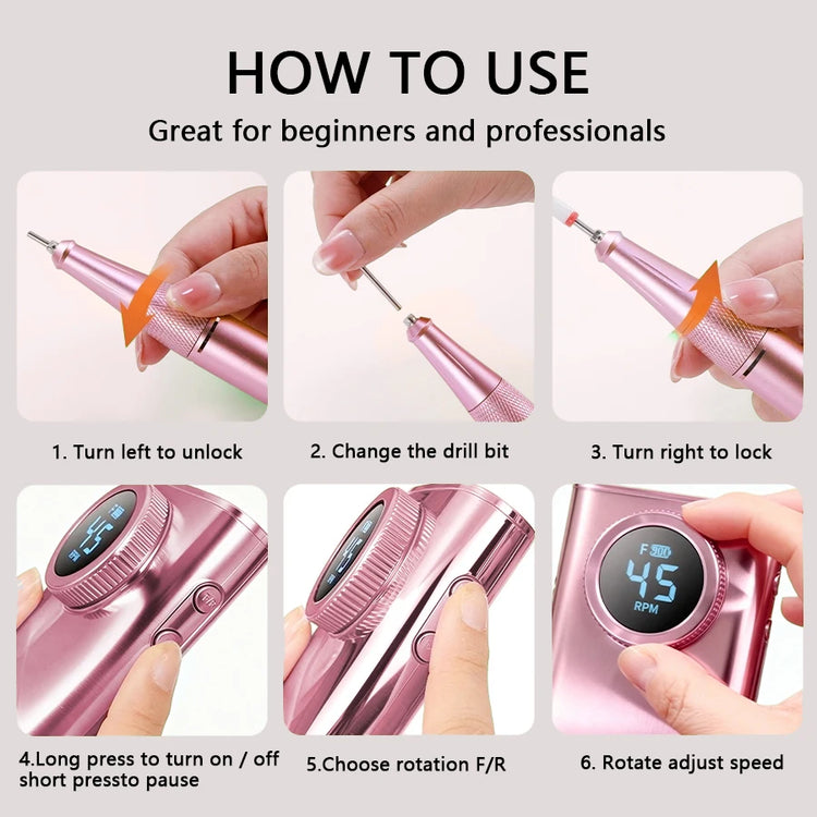 Cordless Professional Nail Drill Kit, 45000RPM Electric Nail Efile with LCD Display, Built-in 45 Ideal Holiday Gift