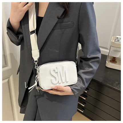 Chic SM Letter Camera Bags, Stylish Women’s Crossbody Small Square Purses with Wide Patterned Straps, Perfect for Daily Casual PlatiNum