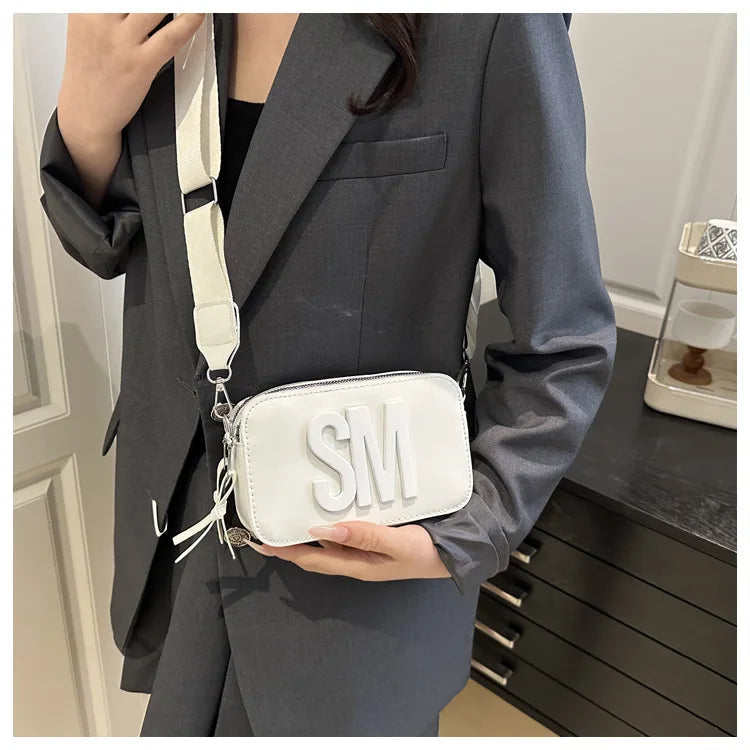 Chic SM Letter Camera Bags, Stylish Women’s Crossbody Small Square Purses with Wide Patterned Straps, Perfect for Daily Casual PlatiNum