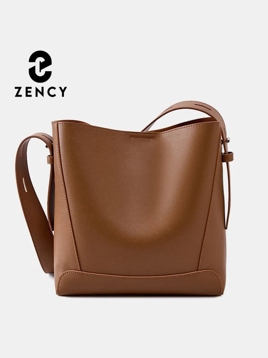 Zency New 2025 TrendyTwo Layer Cow Leather Shopper Shoulder Bag Commuter Large Bucket Handbag Simple High Quality Women Tote Bag