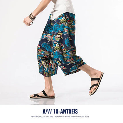 Pantaloncini Estivi Harajuku Larghi con Stampa, Traspiranti, Casual, Lunghezza al Polpaccio, Nuovi Pantaloni da Uomo in Cotone e Lino Oversize Stile Lanterna