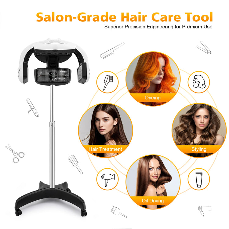 Professional Salon Hair Dryer for Perms (1500W), Freestanding Quartz Heating Styling Hood with LCD Display & Adjustable Height, Rolling Stand Perm Machine for Spa & Home Use