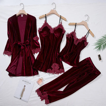 TOP Casual Velluto Abbigliamento per la casa 4 pezzi Set da notte Intimo Lingerie Pigiama da donna Completo a maniche lunghe in pizzo Velluto Homewear Pigiama set