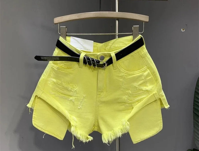 New style ripped denim shorts with frayed washed pockets and wide legs