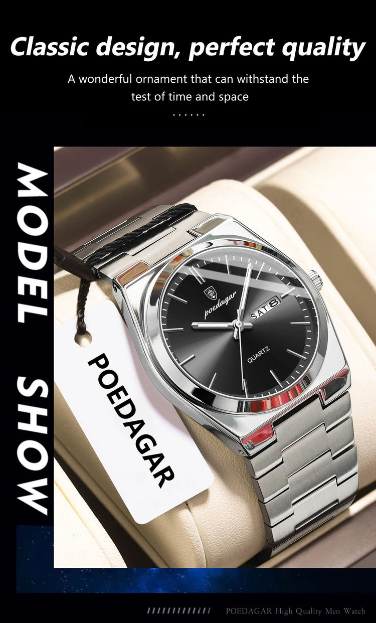 POEDAGAR Orologio da polso al quarzo da uomo di lusso Impermeabile luminoso Data Settimana Orologio da uomo Orologi da uomo d'affari in acciaio inossidabile platinumshop