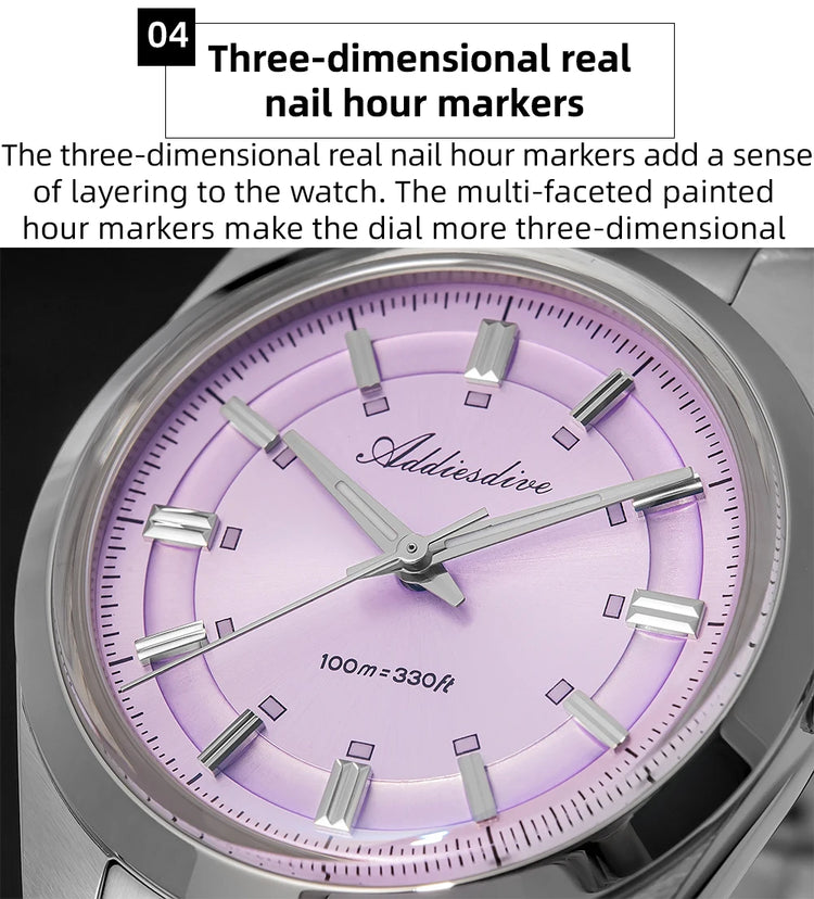 ADDIESDIVE New Men Watch Purple VH31 Quartz Wristwatch Diving 100m Waterproof BWG9 Luminous  316L Stainless Steel 36mm Watches