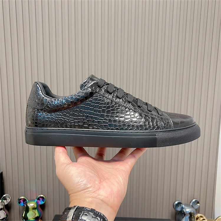 Leather Sneakers Men Calfskin Alligator Pattern Casual Shoes Lace Up Flats Daily Footwear