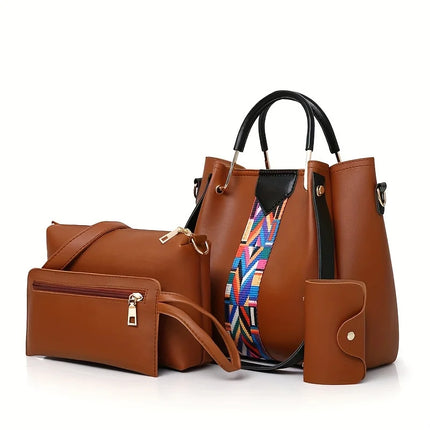Set di 4 Borse da Donna in Pelle PU: Borsa a Tracolla, Borsa a Mano, Pochette e Portacarte