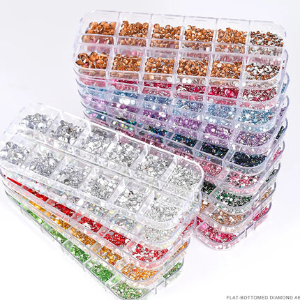 12 Grids Mixed Size Nail Rhinestones SS6 to SS30 Shiny Clear Gold Pink Blue Flat Back Glass Gems for DIY Nail Art Manicure Decoration Supply