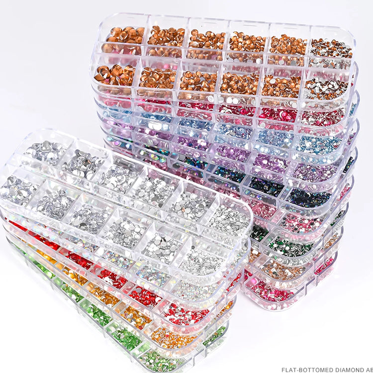 12 Grids Mixed Size Nail Rhinestones SS6 to SS30 Shiny Clear Gold Pink Blue Flat Back Glass Gems for DIY Nail Art Manicure Decoration Supply