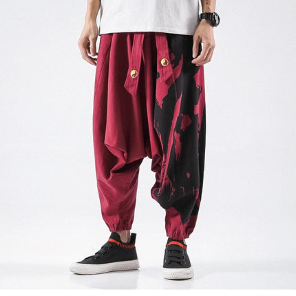 Pantaloni alla moda da uomo Samurai giapponese Ukiyo-e Cintura con stampa Pantaloni stile harem da uomo in cotone e lino Casual Oversize Harajuku Pantaloni a gamba larga da uomo