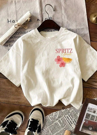 Top girocollo con stampa di cocktail e lettere dei cartoni animati Top casual estivo a maniche corte da donna in stile semplice e versatile